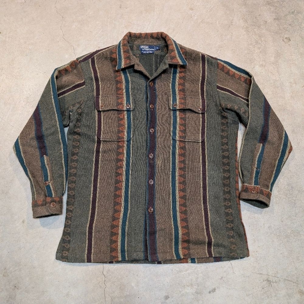 Vtg Polo Ralph Lauren Logging Wool Fleece Striped Green Flaws Mens M